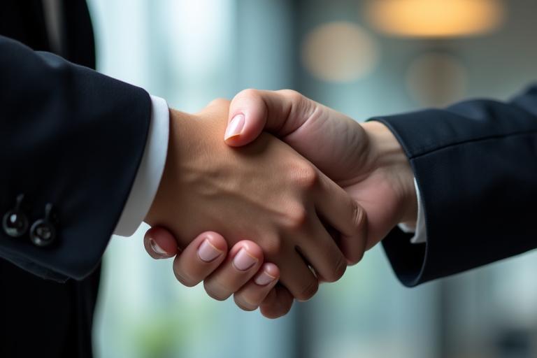 A professional and discreet handshake closing a deal in a modern office.