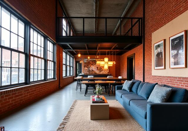 The industrial-chic living area of a converted warehouse apartment in Fitzroy.