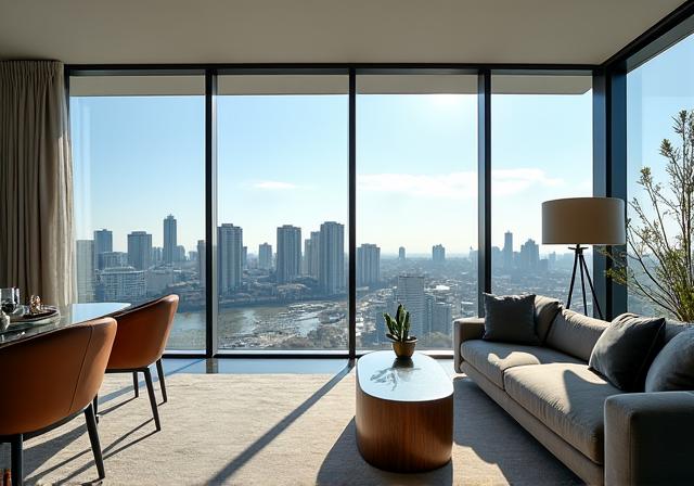 Interior of a modern penthouse with floor-to-ceiling windows overlooking the Yarra River.