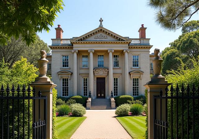 Exterior of a grand heritage mansion in Toorak with beautiful gardens.