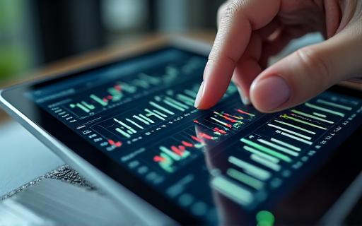 A close-up of a tablet displaying financial charts and graphs.