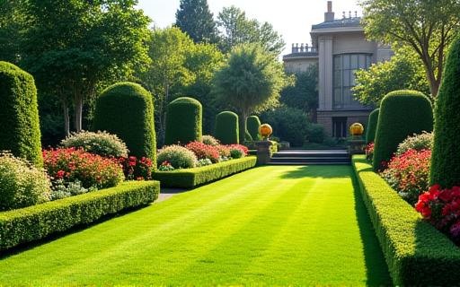 A pristine, manicured garden of a luxury home.
