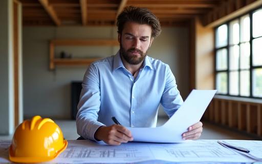 An architect reviewing blueprints inside a high-end property under renovation.