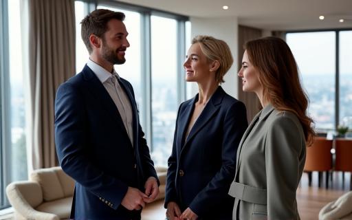 A stylish couple being shown a luxury apartment by a property manager.